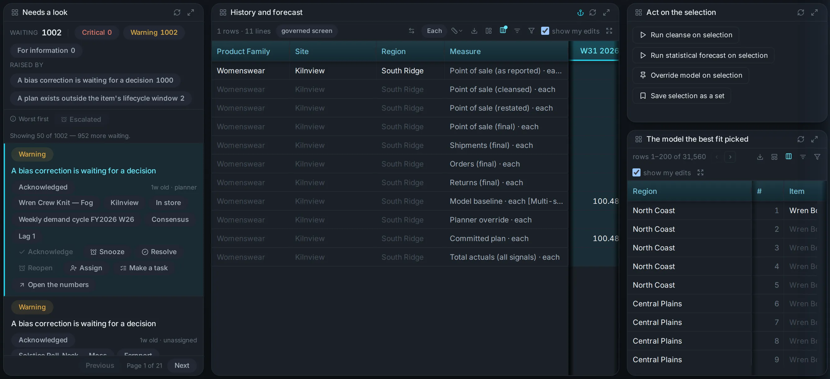 The Demand Workbench’s three panes: the exception worklist on the left, the history-and-forecast grid in the centre, and the actions rail on the right.