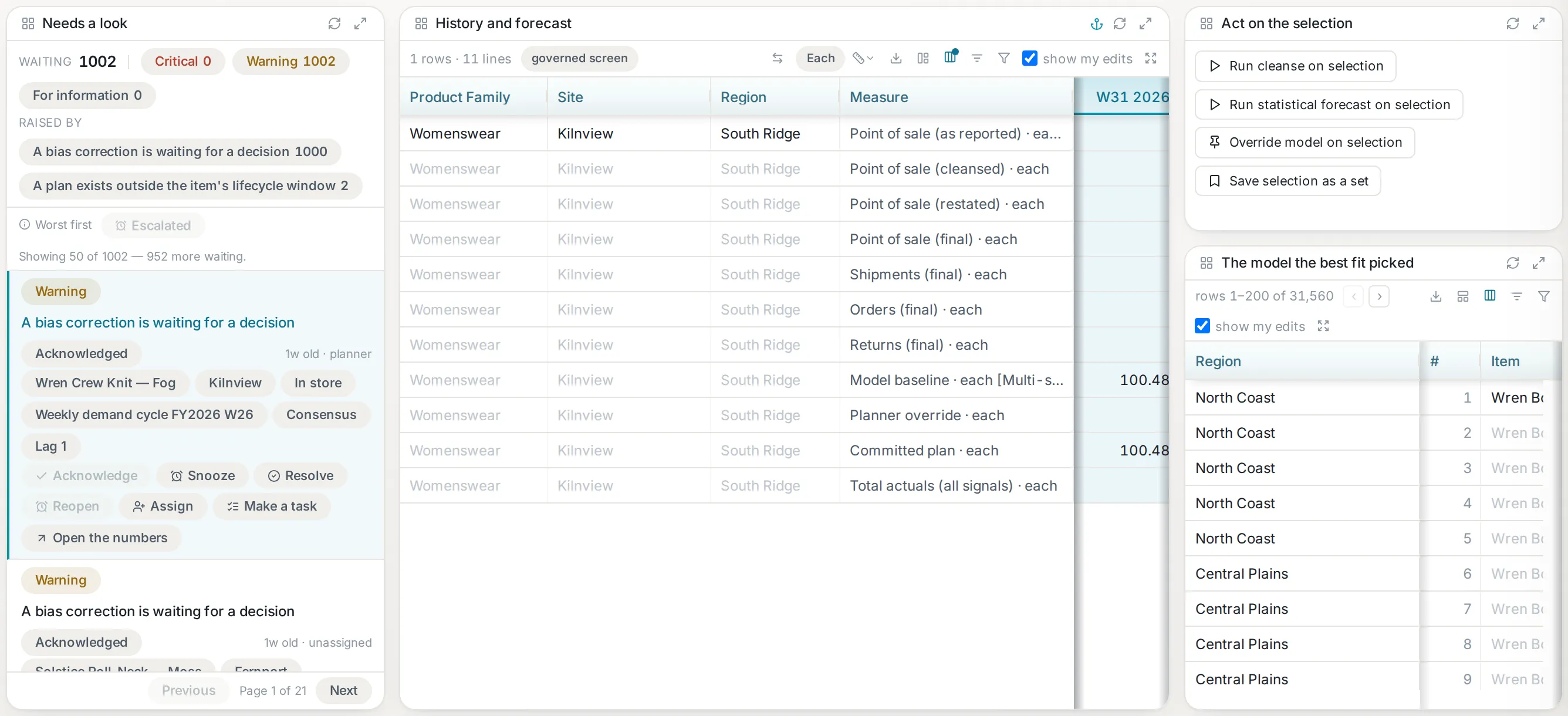 The Demand Workbench’s three panes: the exception worklist on the left, the history-and-forecast grid in the centre, and the actions rail on the right.