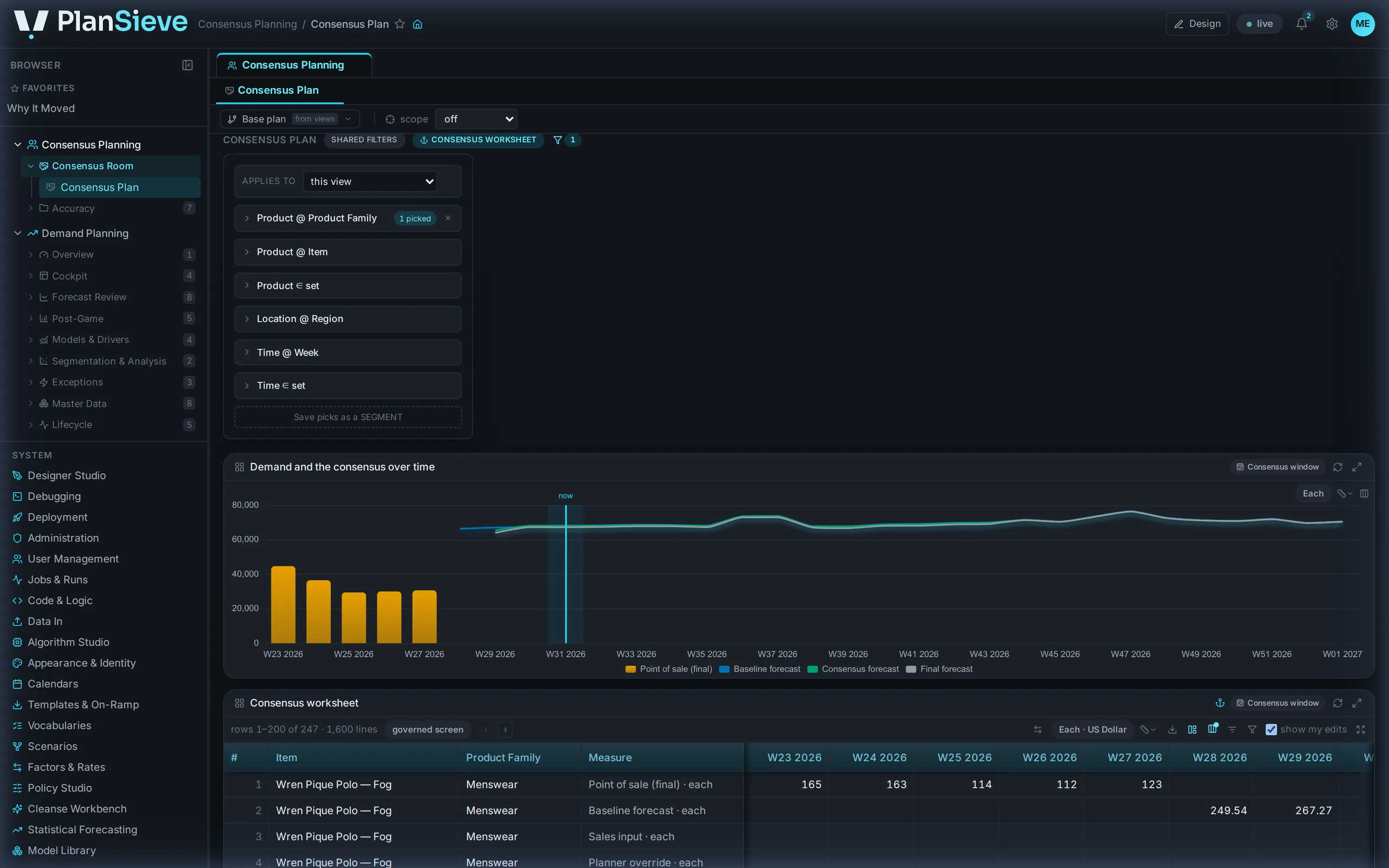 The consensus plan: column funnels and a shared filter panel narrowing the chart and the worksheet together.