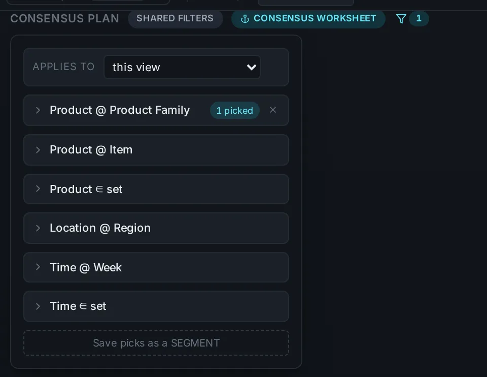 The consensus plan: column funnels and a shared filter panel narrowing the chart and the worksheet together.