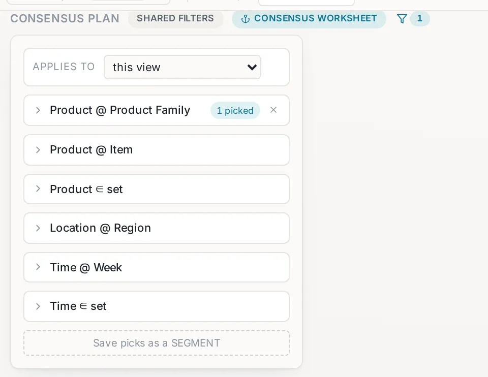 The consensus plan: column funnels and a shared filter panel narrowing the chart and the worksheet together.