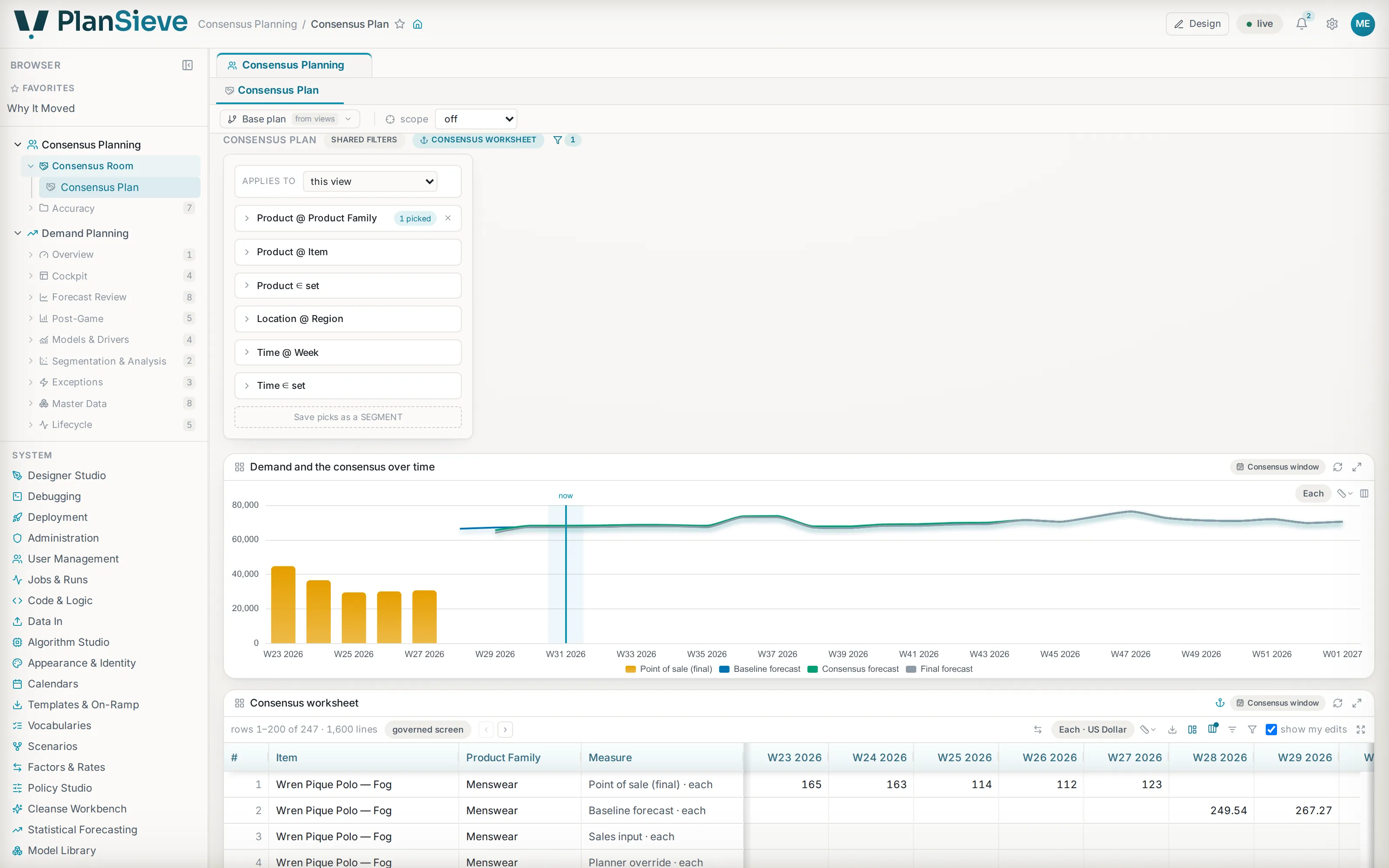 The consensus plan: column funnels and a shared filter panel narrowing the chart and the worksheet together.