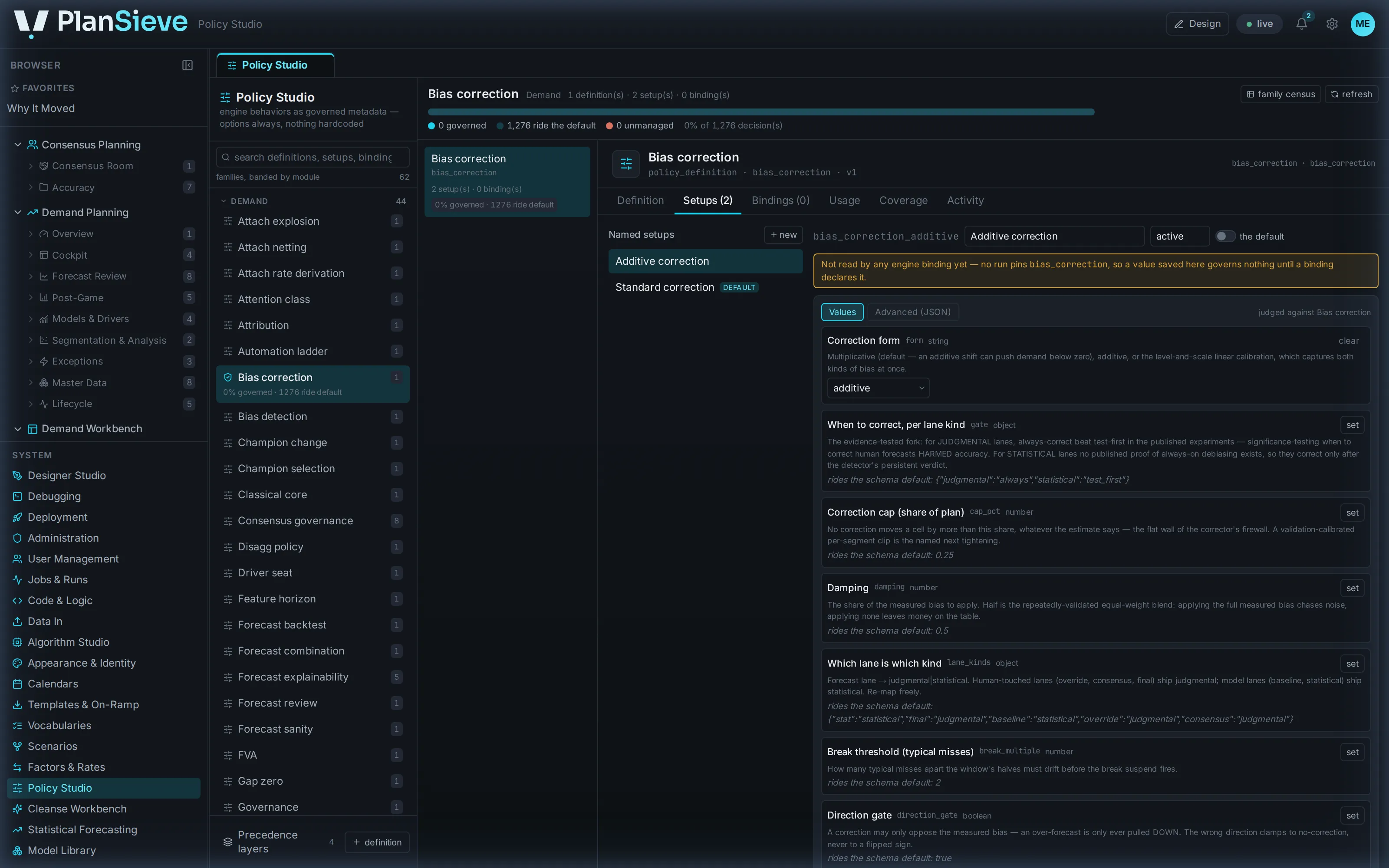 The Policy Studio: a policy family’s named setups, each option typed and described, riding a default until it is set.