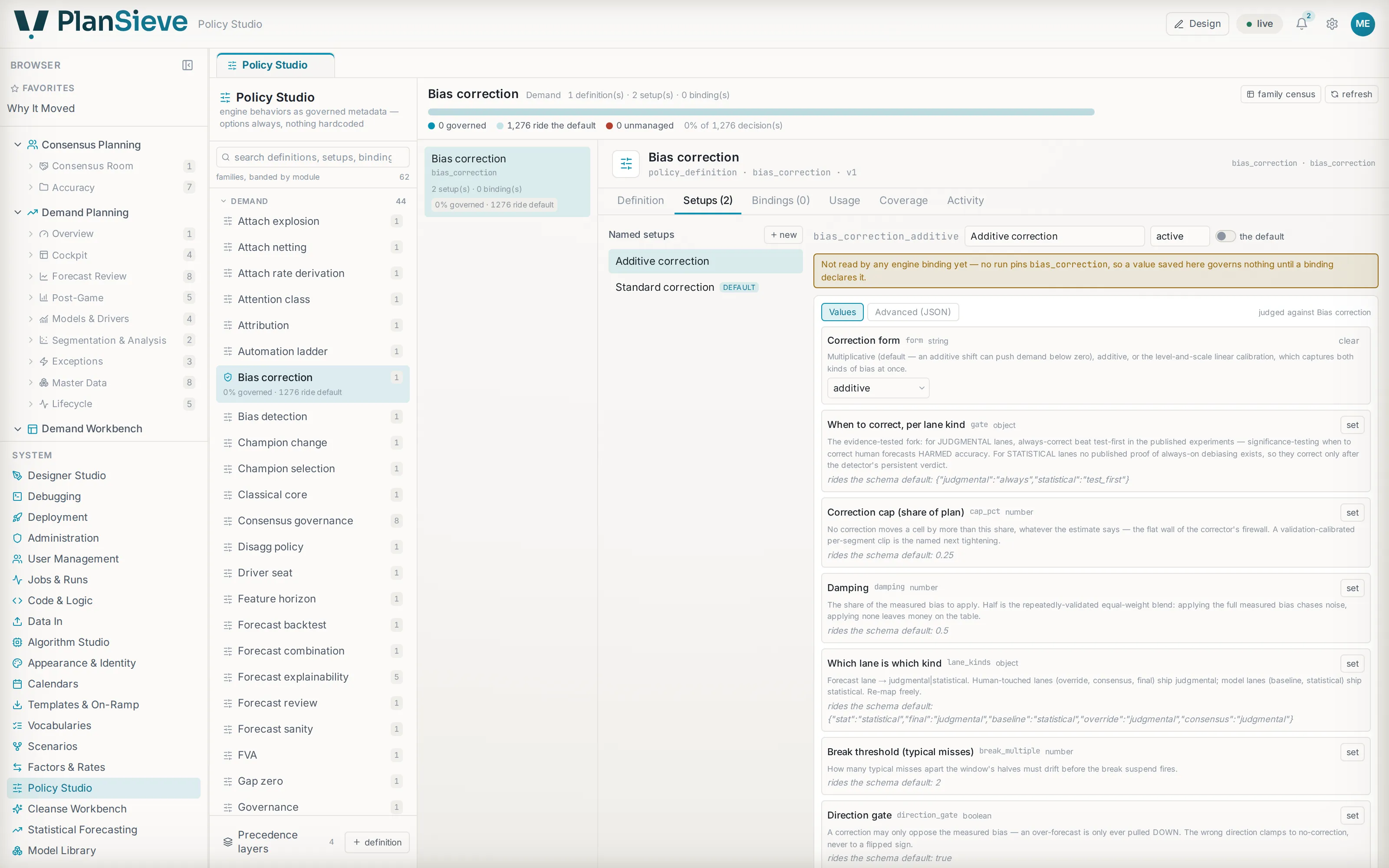 The Policy Studio: a policy family’s named setups, each option typed and described, riding a default until it is set.