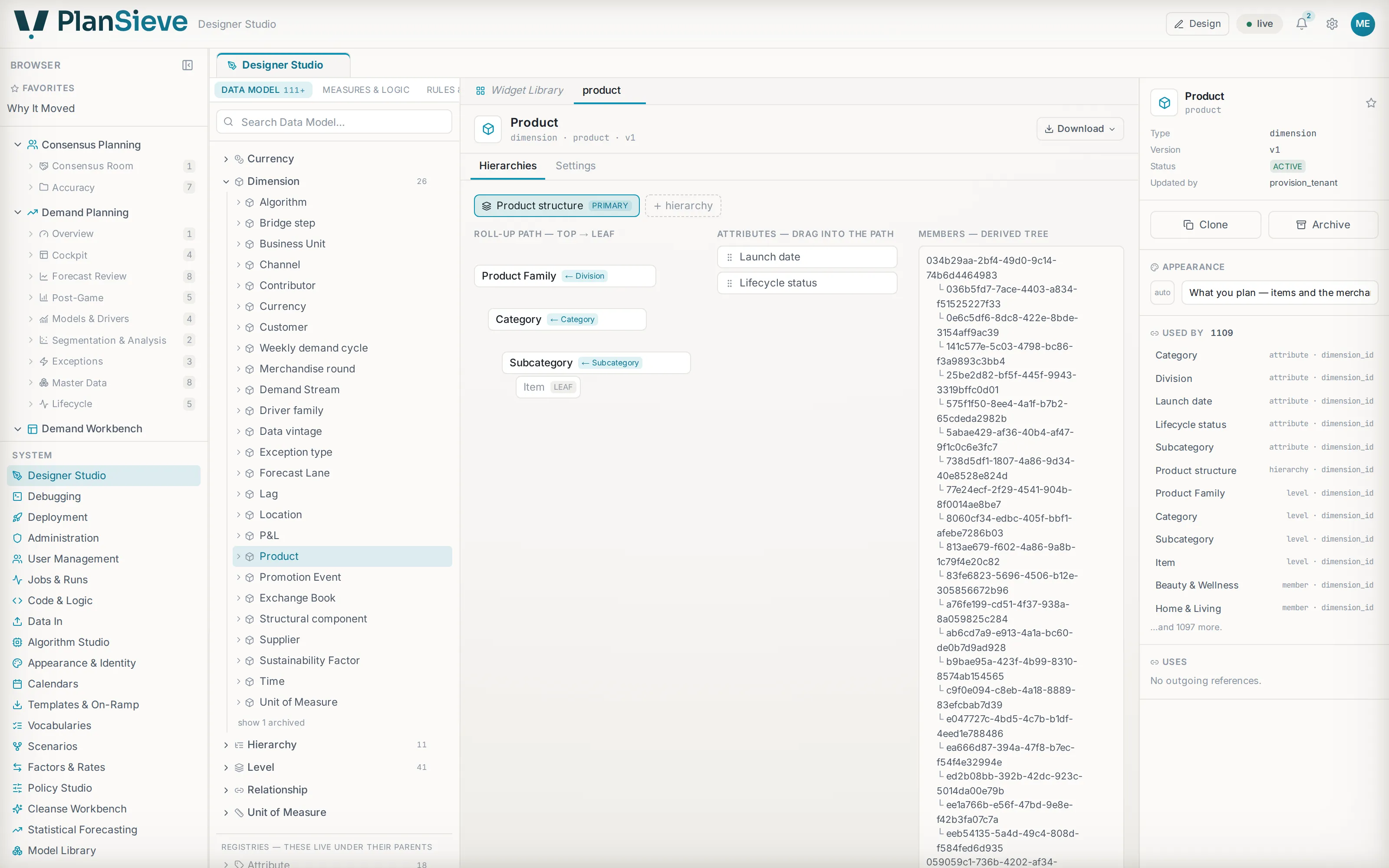 Designer Studio: a dimension’s levels and hierarchy path on the canvas, with its attributes and derived members.